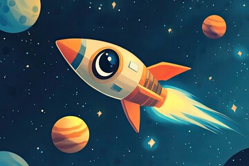 Wall Mural - cartoon spaceship soaring through a starry sky with planets
