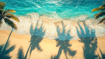 Palm tree casting shadow on tropical beach with turquoise water