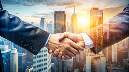 Business Partnership Handshake with Double Exposure Effect and Skyscraper Background in Focus