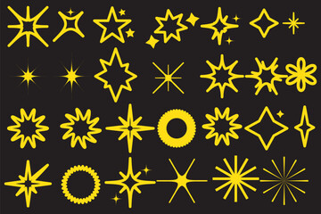 Wall Mural - Hand drawn gold star sparkle shine of doodle set. Yellow star shine twinkle glow, spark glitter, magic party light vector illustration. Hand drawn sketch doodle style line sparkle elements