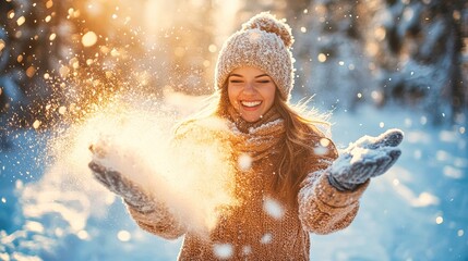 beautiful woman throwing snow in the air on sunny winter day