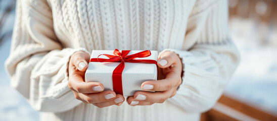 Sticker - Woman holding a white gift box with red ribbon