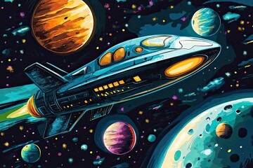 Wall Mural - a spaceship flies through a field of stars and planets.