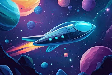 Wall Mural - spaceship flying through a starry sky with planets