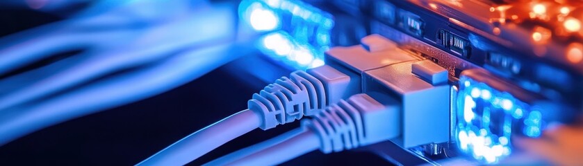 Wall Mural - Close-Up of Network Cables Connected to a Switch with Blue and Orange LED Lights in a Data Center