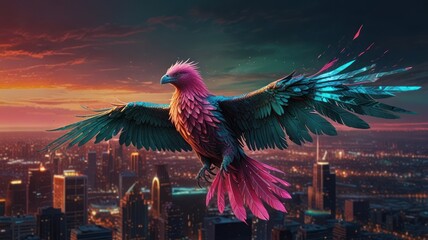 Canvas Print - A vibrant, colorful bird soars above a cityscape at sunset.