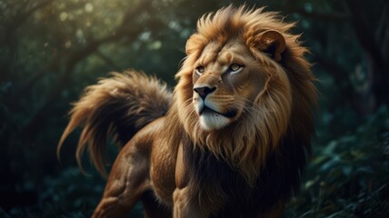 Wall Mural - A majestic male lion stands in a lush green forest, his mane illuminated by the warm glow of the setting sun, looking out with a powerful gaze.