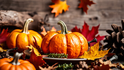 Canvas Print - Autumnal Pumpkins and Leaves