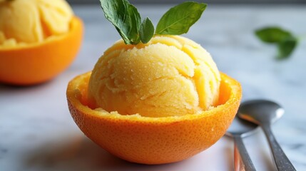 A refreshing orange sorbet served in an orange shell, showcasing a fun and creative dessert presentation for summer gatherings.