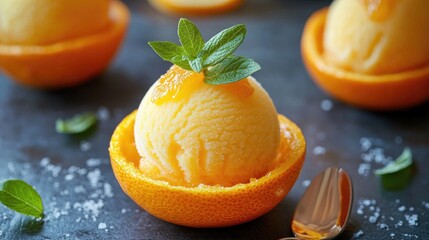 A refreshing orange sorbet served in an orange shell, showcasing a fun and creative dessert presentation for summer gatherings.