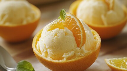 A refreshing orange sorbet served in an orange shell, showcasing a fun and creative dessert presentation for summer gatherings.