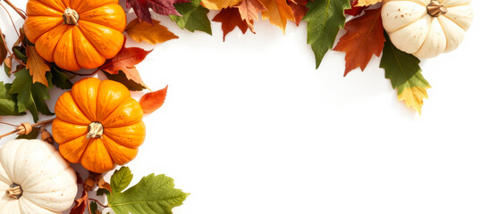 Poster - Autumnal Pumpkins and Leaves on White Background