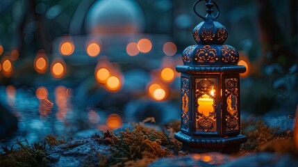 Ornamental Arabic lantern glowing with candle in evening garden