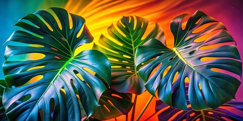 Closeup of lush Monstera leaves against a vibrant color background showcasing tropical flora beauty