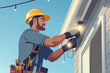 Electrician Installing Outdoor String Lights on a House