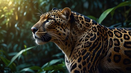 Wall Mural - A majestic leopard with piercing blue eyes stares intently into the distance, framed by lush green foliage, bathed in the golden glow of the setting sun.