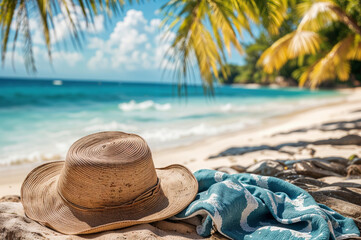 Wall Mural - Straw hat and towel resting on tropical beach with palm trees