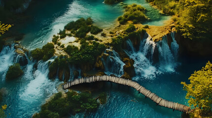 Wall Mural - Stunning Aerial View of Waterfalls and Bridge in Lush Forest