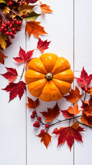 Canvas Print - Autumn Leaves and Pumpkin on White Wooden Background