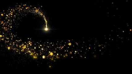 gold glittering star dust trail sparkling particles black background. space golden flying particles.