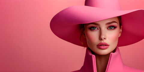 Beautiful elegant woman in a pink hat on a pink background.