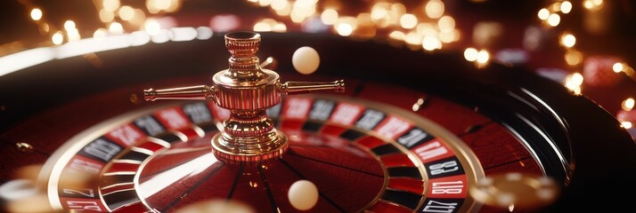 Poster - Close-up of a spinning roulette wheel with a bouncing ball and scattered casino chips at a vibrant gaming table at night. Generative AI