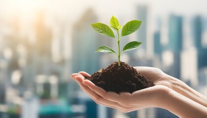 Wall Mural - Amidst Urban Bustle, Nurturing Nature: A Hand Cradles Soil and Sprouting Plant in a Double Exposure of Sustainable Growth and ESG Commitment