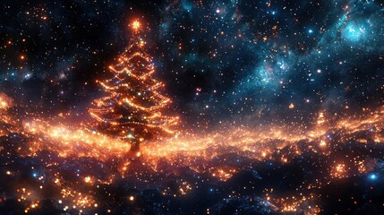 Night scene with a beautifully decorated Christmas tree, illuminated by warm lights and set against a cosmic, star-filled background