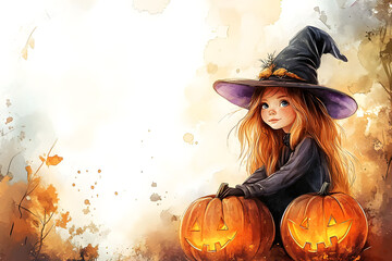 Wall Mural - Cute cartoon witch with pumpkin frame border on background in watercolor style