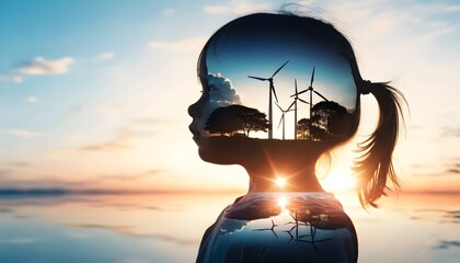 Childs silhouette gazing upward, featuring clean ocean imagery and renewable energy sources, symbolizing hope for a sustainable future