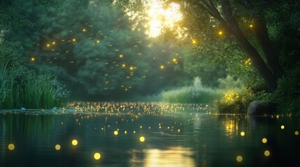 Sticker - Enchanting Forest River at Sunset with Glowing Fireflies and Lush Greenery