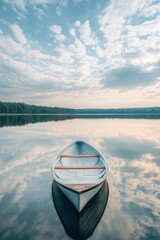 Wall Mural - Serene Wooden Rowboat on Calm Lake with Reflective Sky and Forest Horizon at Sunset