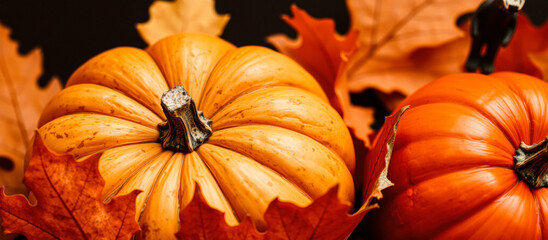 Canvas Print - Pumpkin Close Up with Fall Leaves