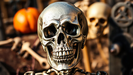 silver human skull close up