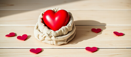 Sticker - Red Heart in Knitted Bag on Wooden Background