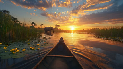 Canvas Print - African Sunset: Canoe Ride Through Tranquil Waters