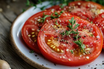 Wall Mural - Close-up of sliced tomatoes with herbs and spices. Perfect for a recipe for fresh tomato salad or as a side dish.