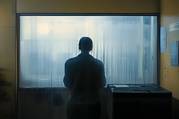 Canvas Print - Mysterious Person Voting Behind Foggy Window in Silent Room