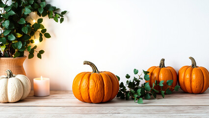 Canvas Print - Autumnal Still Life with Pumpkins and Green Foliage