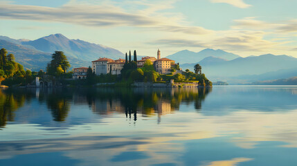 Sticker - Stunning View of a Castle on an Island in a Lake with Mountains in the Background