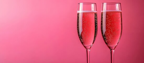 Two Glasses of Sparkling Pink Champagne Against a Vibrant Pink Background