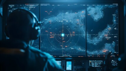 Leinwandbilder - A close up image of a sophisticated marine radar screen showcasing the precise tracking and visualization of boat locations along the coastal outlines