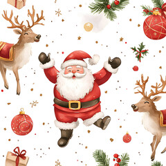 Canvas Print - Seamless pattern with Santa Claus and reindeer on white background in cartoon watercolor style.