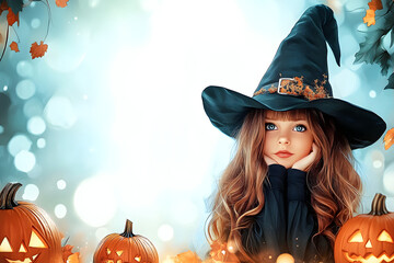 Wall Mural - Cute cartoon witch with pumpkin frame border on background in watercolor style