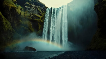 Wall Mural - Waterfall with Rainbow and Mist