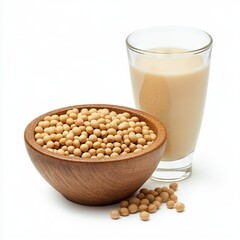 Wall Mural - Closeup of soy beans in wooden bowl with soy milk in glass isolated on white background.