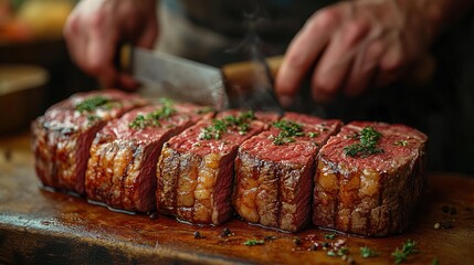 Sliced beef tenderloin garnished with herbs on a wooden board.