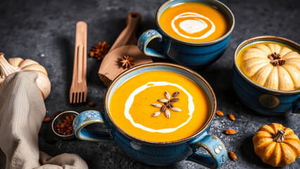 Canvas Print - Pumpkin Soup with Cream and Spices