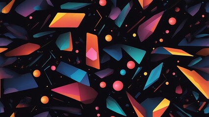 Bright neon geometric shapes floating in the dark void of space, creating a mesmerizing pattern of colors and light. The abstract design feels futuristic and otherworldly.