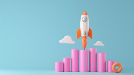 Startup Success Visualization, a dynamic bar graph with a rocket ascending, symbolizes growth in marketing, illustrating effective strategies for thriving businesses and successful launches.